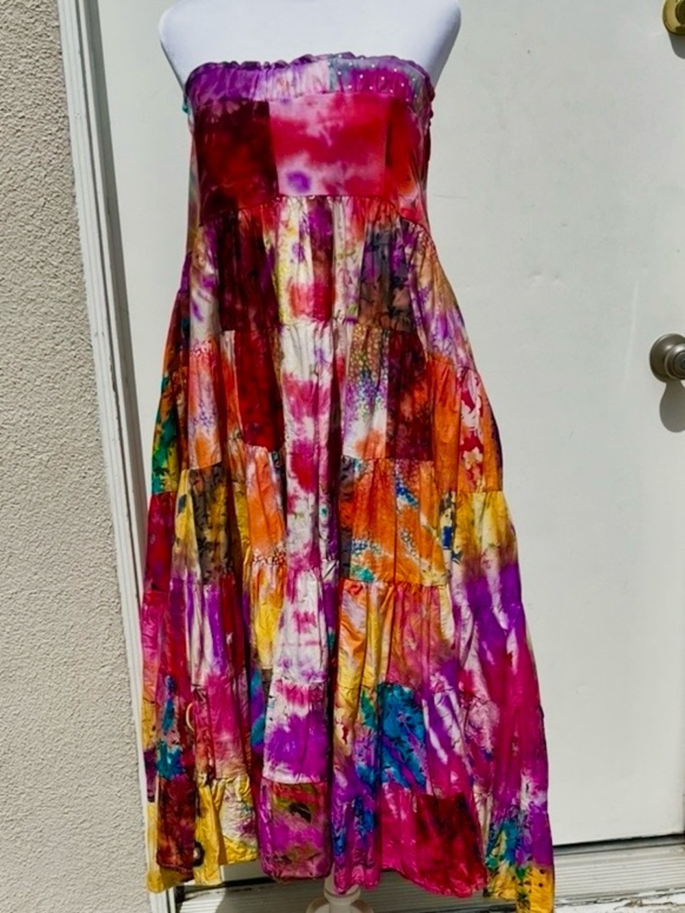 Patchwork skirt or strapless dress.
Colorful Tye Dye. Each Square Sewn
Together.